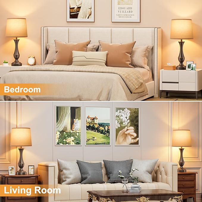 Seealle Upgraded Touch Lamps for Night Stands Set of 2 - Bedside Lamps with USB C+A, 3 Way Dimmable for Bedroom Living Room End Tables Office (Tall Oat&Brown)