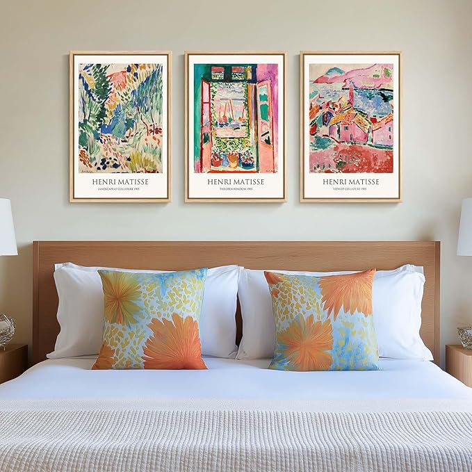 Framed Vintage Matisse Wall Art, Large Set of 3 Piece Colorful Canvas Artwork for Walls, Matisse Retro Landscape Paintings Prints Pictures for Living Room Bedroom Hallway Office Wall Decor 16x24