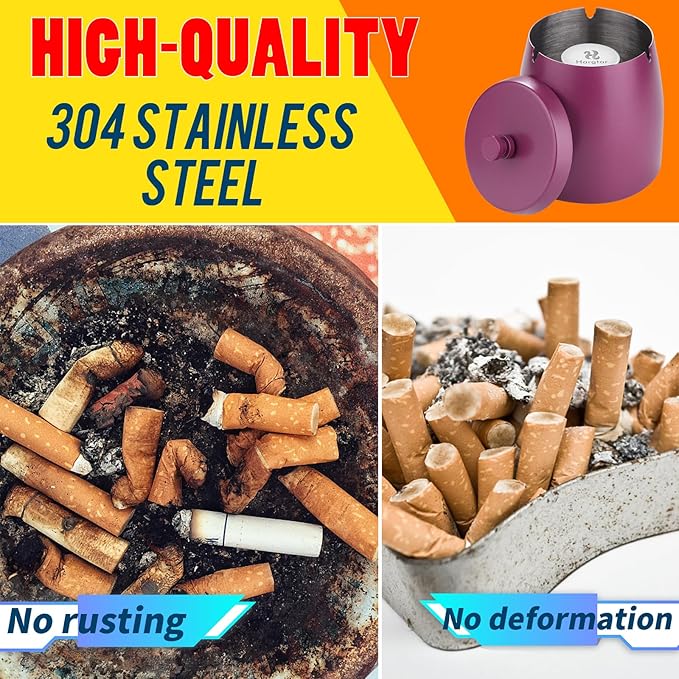Smokeless Ashtrays For Cigarettes Indoor, Ash Tray Sets for Cigarettes Outdoor Ashtrays for Patio (Purple, Large)