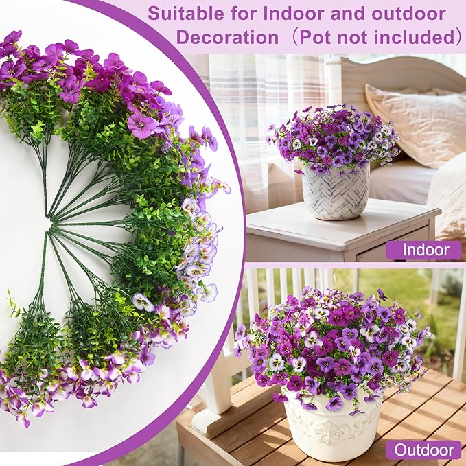 INQCMY Artificial Fake Pansy Flowers for Outdoor, 12 Pcs Faux Silk Pansies Flower for Spring Summer Decoration, UV Resistant Fake Plants for Outside Planter Porch Yard Patio Home Decor(Mixd Purple)