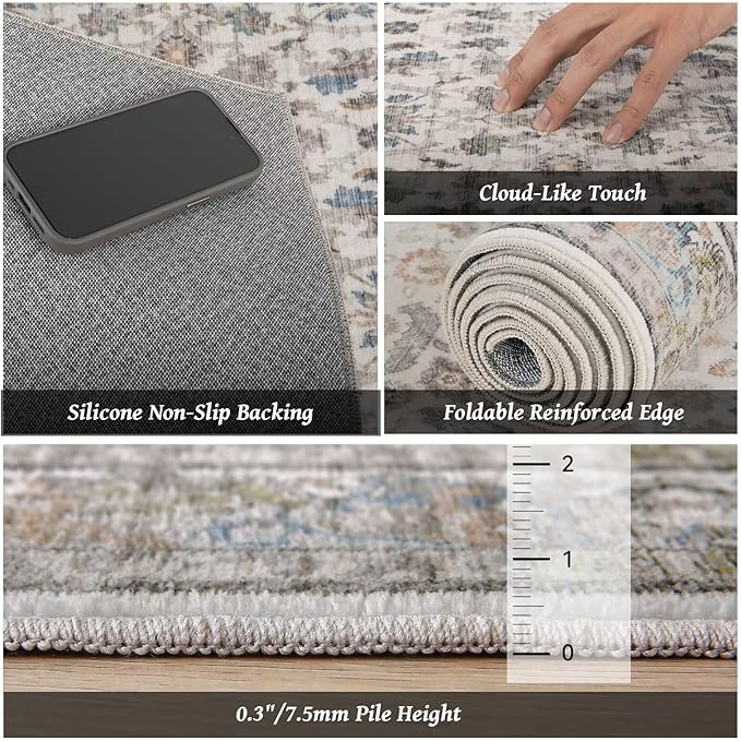Washable 6x9 Area Rugs for Living Room, Boho Non-Slip Vintage Distress Large Rugs for Bedroom Dining Room Nursery Office, 0.3" Neutral Oriental Throw Thin Carpet, Cream/Blue/Orange/Multi