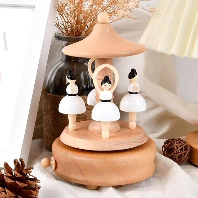 Natural Solid Wood Handcrafted Beech Wooden, Musical FigureTotoro/Carousel/Fairy/Ballerina Figurine,Rotating Hand Crank Mechanism Music Box,Musical Decorations (Ballet Dancers)