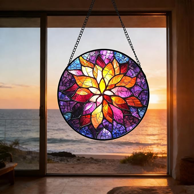 Stained Glass Window Hanging, Fuchsia Abstract Flowers Suncatcher for Window Home Decor Orange Sun Catcher Mother's Day Birthday Gifts for Women Men Mom Nana 7.8 in