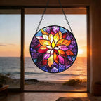 Stained Glass Window Hanging, Fuchsia Abstract Flowers Suncatcher for Window Home Decor Orange Sun Catcher Mother's Day Birthday Gifts for Women Men Mom Nana 7.8 in
