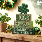 Lineshading 4 Pcs St. Patrick's Day Table Wooden Signs Hug Shamrocks Table Decoration Green St. Patrick Striped Tiered Tray Decor Irish Themed Centerpiece for Farmhouse Holiday Tabletop Home Decor