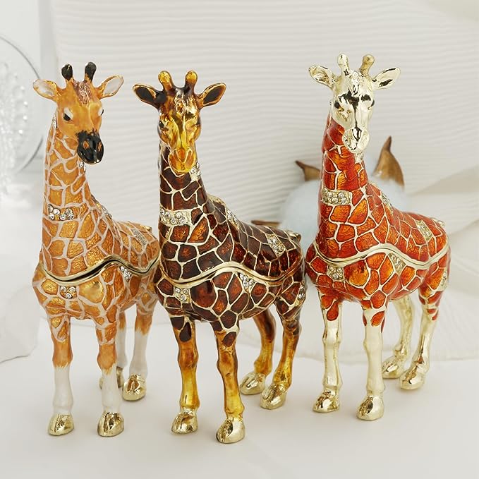Hand Painted Trinket Box for Home Decor Accents, Enamel Hinged Jewelry Box for Bookshelf Office Table Desk Decoration, Classical Figurine Collectible Keepsake Animal Sculptures (Giraffe-Brown)