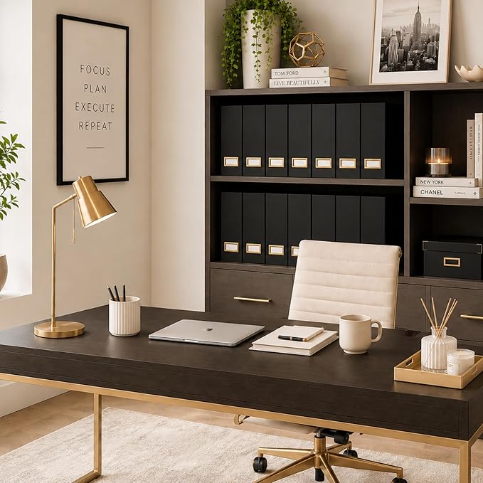 BLU MONACO | Cardboard Magazine File Holder Set of 6 Black | Vertical Magazine File Holder with Gold Label Slots | Standing File Holder and Cardboard Bins for Shelves Desk Storage