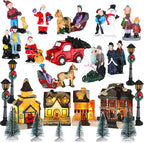 Wettarn 26 Pcs LED Christmas Villages Houses Sets Xmas Figurines Decoration Lighted LED Christmas Village Houses Building Collectible Home Decoration Xmas Gifts Indoor Room Decor