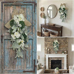 18.9 Inch Artificial Teardrop Swag with Burlap Bow, Farmhouse Decor for All Seasons, Green and White Faux Wreath for Front Door, Wall, or Wedding