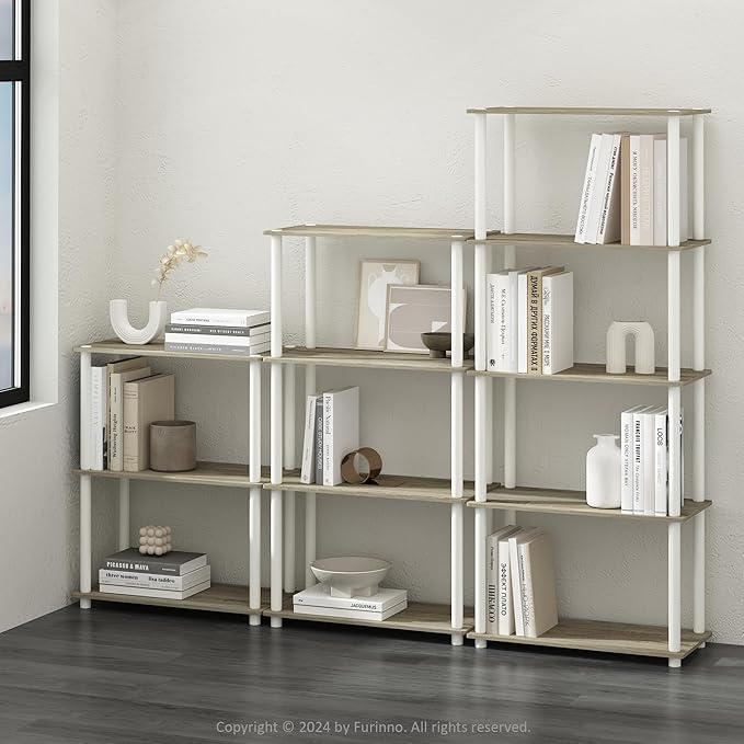 Furinno Turn-N-Tube Book Shelf, 4-Tier Bookshelf, Bookcase with Multipurpose Compact Display Rack, 11.6 x 23.6 x 43.2, for Living Room, Bedroom, Home Office, Sonoma Oak/White