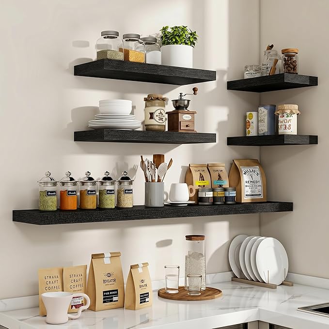 Acovy 72 Inch Floating Shelves, 3D Textured Wood Grain, 72"x9.25"x1.5" Inch Deep Floating Shelves for Wall, Wooden Shelves for Bathroom, Bedroom, Living Room, Black, 1 Piece