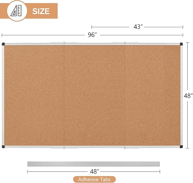 Extra Large Cork Bulletin Board 96" X 48", Foldable Notice Pin Board for Wall, Silver Aluminum Framed 8'x4' Corkboard, Wall Mounted Noticeboard with 36 Push Pins for School, Home & Office
