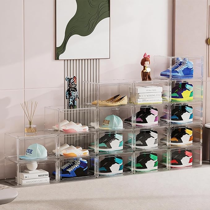 HIYOHIYO Size 14 Acrylic Clear Shoe Storage Boxes Stackable for Sneaker, Clear Shoe Box Storage Bins, Fully Transparent Display Case with Magnetic Door Suitable for Ankle, Boots, High Heels (1 Pack)