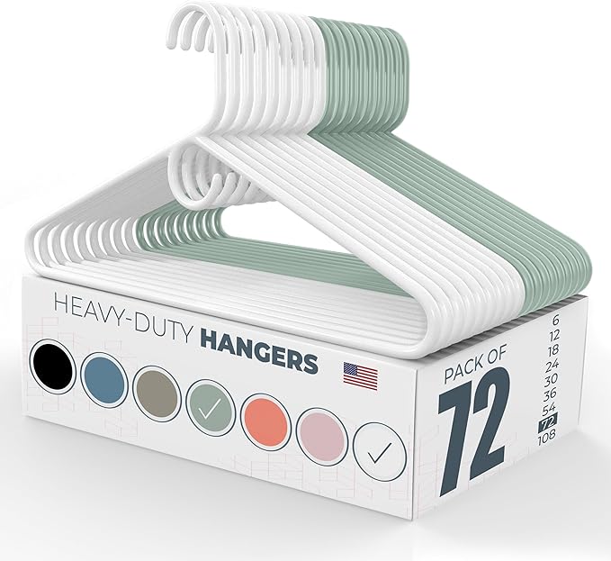 Neaties Heavy Duty Clothes Hangers 50+ Pack (72 Count) – Made in the USA – 8lb Capacity Plastic Hangers for Adult Clothing – Durable for Pants, Coats, Jackets, or Jeans – White & Mint