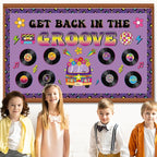 Pajean Groovy Music Bulletin Board Set Retro Record Classroom Decorations 80s 90s Disco Record Flower School Bus Cutouts with Purple Borders for Door Wall Chalkboard Decor Office Supplies