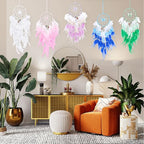 Dreamlike Butterfly Tree of Life Dream Catcher Wall Decor Pink Dream Catcher with Crystal Stone Handmade Feather Dreamcatchers Home Decor Wall Hanging for Girls Bedroom Wedding Craft Gift-29.5"