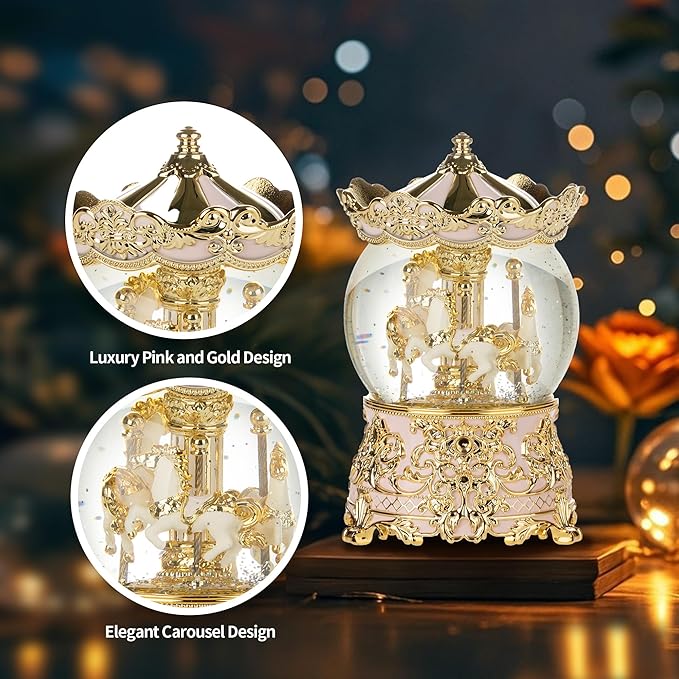 Carousel Musical Snow Globe Princess Unicorn Music Box for Girls Women Baby Kids Sister Daughter Mom Granddaughter Grandma Christmas Birthday Presents Gifts (Light Pink)