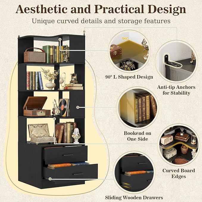Armocity Corner Bookshelf with Drawers, 7 Tier Corner Book Shelf Display Bookcase, Freestanding L Shaped Bookshelf for Bedroom, Living Room, Home Office, Black