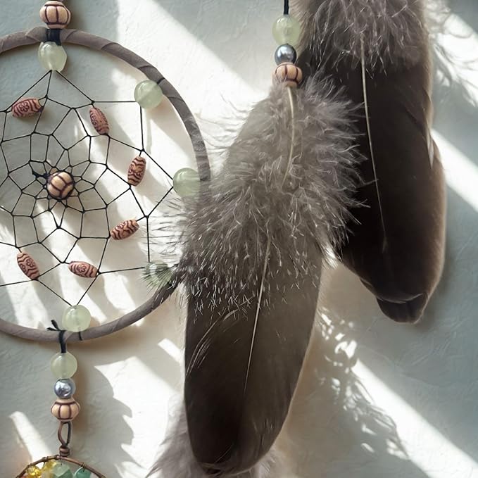Dream Catchers for Adults with Luminous Beads Dream Catcher with 7 Chakra Handmade Wall Decor with Native Feather Hanging Ornament for Bedroom Brown