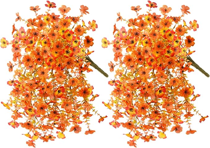 Artificial Fall Flowers for Outdoors, 2PCS Silk Fake Flowers Realistic Daisy Mums UV Resistant Porch Patio Window Yard Decor (Sunset Red)