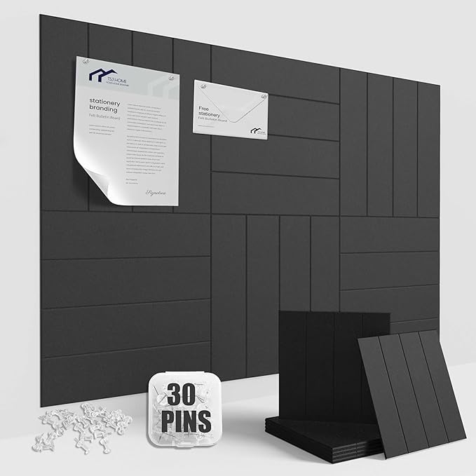 Large Cork Board Strips for Wall, 36" x 24" Black Bulletin Board, 6 Pack Fabric Wall Tiles with Pushpins, Adhesive Cork Board for Office, Sound Absorbing Bulletin Board Set for Home Music Class