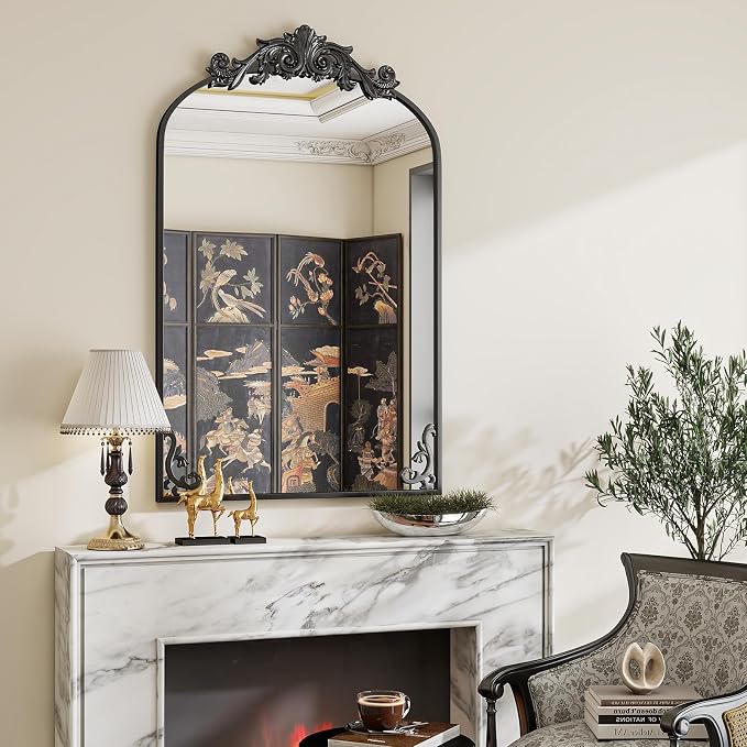 VooBang 26x38 inch Vintage Arched Bathroom Mirror - Gorgeous Wall Vanity Mirror with Beautiful Retro Top and Bottom Engraving Process Frame for Entryway Hallway Living Room, Black