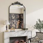 VooBang 26x38 inch Vintage Arched Bathroom Mirror - Gorgeous Wall Vanity Mirror with Beautiful Retro Top and Bottom Engraving Process Frame for Entryway Hallway Living Room, Black