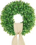 Vlorart 20 Inch Faux Round Boxwood Wreath, Weatherproof Wreaths for Front Door, Artificial Spring Summer Greenery Wreath with Sash for Farmhouse Wedding Year Round Indoor and Outdoor