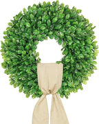 Vlorart 20 Inch Faux Round Boxwood Wreath, Weatherproof Wreaths for Front Door, Artificial Spring Summer Greenery Wreath with Sash for Farmhouse Wedding Year Round Indoor and Outdoor