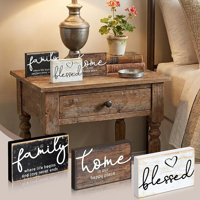 Jetec 3 Pcs Wooden Family Sign Rustic Blessed Home Wall Art Wood Wall Mini Decor Farmhouse Table Shelve Decoration Sign for Bedroom Kitchen Living Room Table Decor (Rustic Color,4.25 x 2.76 x 0.59 in)