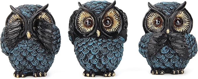 Owl figurine and sculptures for shelf decor accents,3 wise Owl statue for living room bedroom decoration,Retro animal decor,boho gift for women bird lover,see no evil hear no evil speak no evil