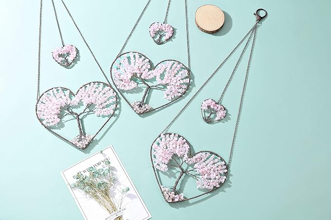 JOVIVI Tree of Life Feng Shui Crystal Heart Hanging Ornament Rose Quartz Gemstones Healing Stones Yoga Meditation Window Wall Hanger for Home Wedding Decor