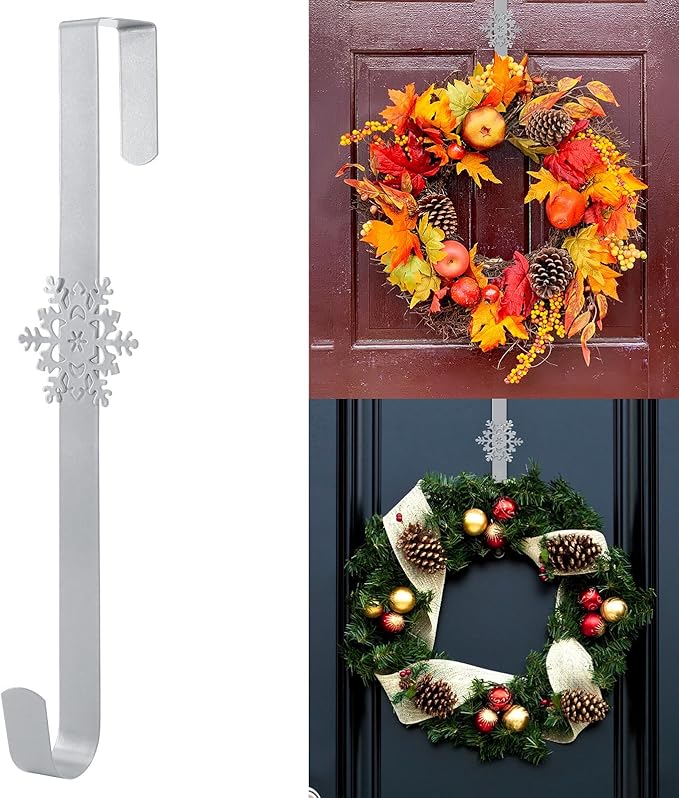 Wreath Hangers for Front Door,15" Sturdy Metal Wreath Doors Hangers,Over The Door Hooks for Front Porch Decor,Garland Hooks Holders for Halloween Christmas Decorations (Silver Snowflakes, 4 Pack)
