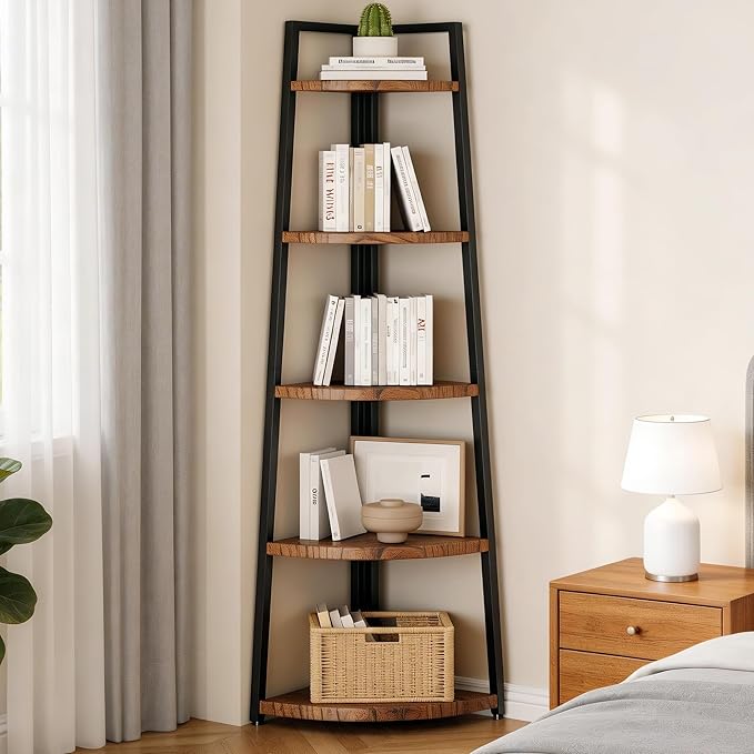 Soild Wood Corner Shelf, 5 Shelf Bookcase for Bathroom & Living Room, Tall Corner Bookshelf with Ladder Design, Space Saving Corner Bookcases (Brown)