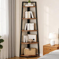Soild Wood Corner Shelf, 5 Shelf Bookcase for Bathroom & Living Room, Tall Corner Bookshelf with Ladder Design, Space Saving Corner Bookcases (Brown)