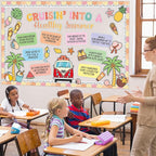 Retro Summer Beach Bulletin Board Set Groovy Hawaii Beach Classroom Decorations Cruisin' Into A Healthy Summer Tropical Classroom Paper Cutouts for Back to School Chalkboard Wall Teacher Supplies