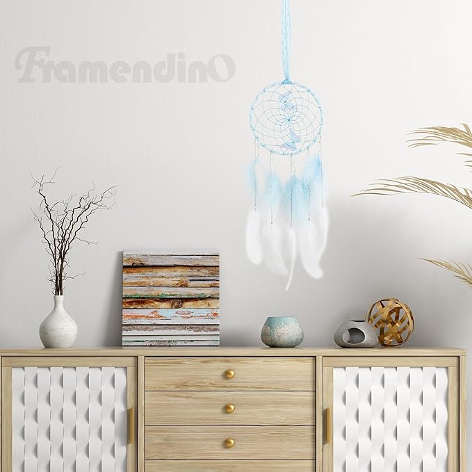 Framendino, Blue Butterflies Dream Catcher with Colorful Feather for Wall Decoration