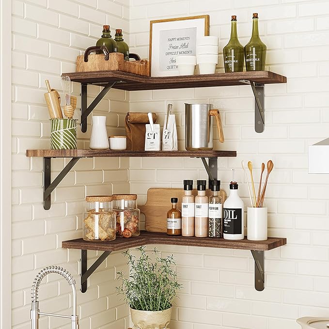 Fixwal Corner Floating Shelves for Wall Set of 5, Rustic Wood Wall Mounted Shelf for Bathroom, Kitchen, Bedroom, Home Decor, Laundry Room, Living Room (Dark Carbonized Black)