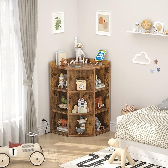 Aheaplus Corner Cabinet, Corner Storage with USB Ports and Outlets, Corners Cube Toy Storage for Small Space, Wooden Corners Bookshelf with 9 Cubes for Playroom, Bedroom, Living Room, Rustic Brown