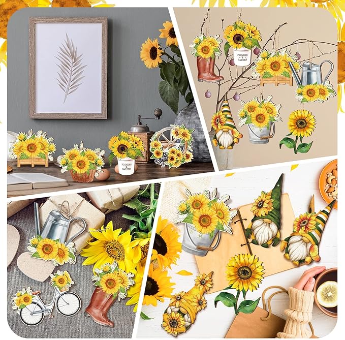 Maitys 36 Pcs Spring Flower Wooden Ornaments Sunflower Tulip Easter Tree Decoration Floral Gnome Hanging Wood Cutout Pastel Spring Decor for Home Small Tree Party(Sunflower)