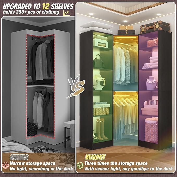 Corner Closet System with 2 Motion Sensor Lights, 39.2" Corner Closet Organizer with 12 Shelves, Closet Corner with 2 Hanging Rods, Versatile 6-Tier Walk-in Closets for Corner Space, Black