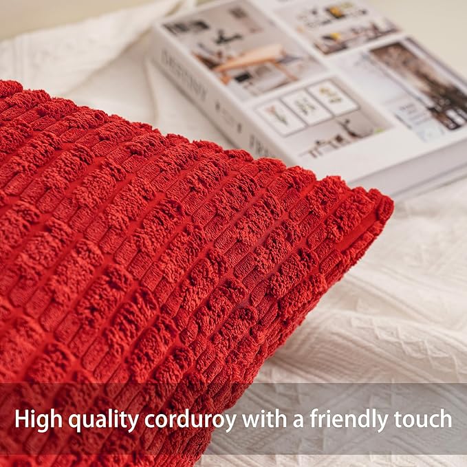 Aegero Pack of 2 Corduroy Decorative Throw Pillow Covers 12x20 Inch Soft Striped Pillow Covers Modern Farmhouse Home Decor for Sofa Living Room Couch Bed（Red）