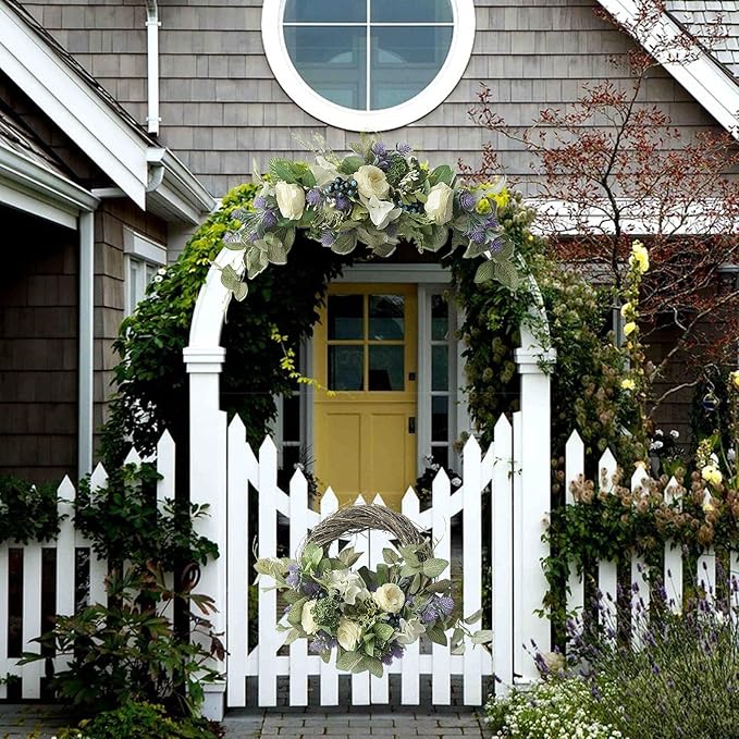 28in Artificial Rose Hydrangea Swag for Lintel,Faux White Penoy Swag Wedding Arch Flowers with Eucalyptus Leaves Blueberry,Rustic Floral Swag for Home Room Garden Front Door Party Decor