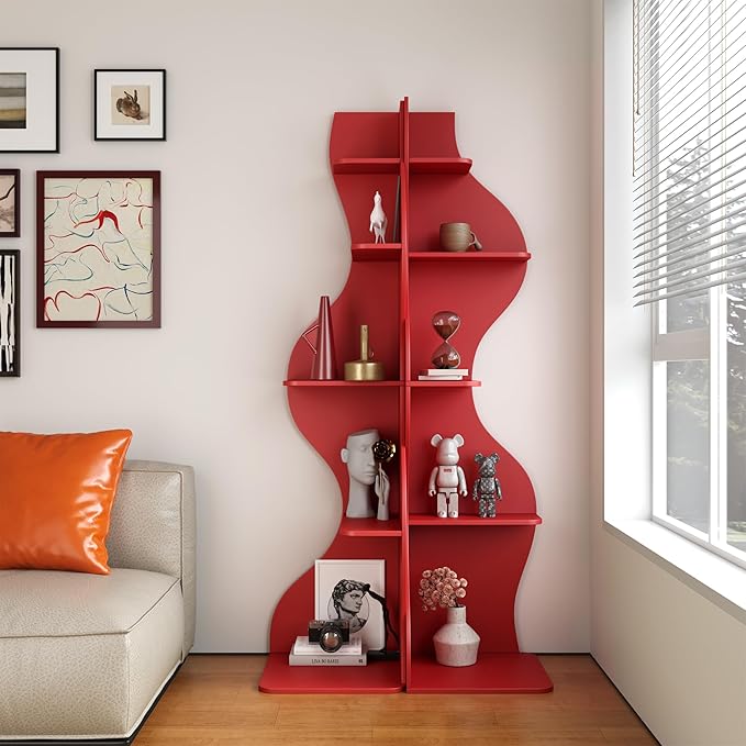 YOWOS Modern Corner Bookshelf, 5 Tier Tall Corner Shelf for Small Spaces, Wavy Corner Bookcase with Storage, Wooden Display Shelf for Plants, Books, and Decor, Multiple Colors & Sizes (Red, Large)