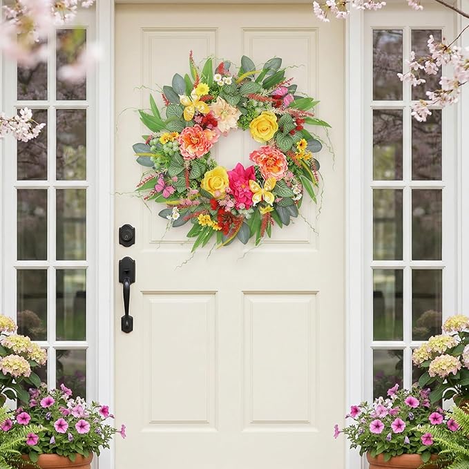 ChrisXiao Spring Wreaths for Front Door 24 Inch Artificial Butterfly Wreath with Butterfly, Peony, Dahlia,for Porch, Entryway, Mantel, Wall, Patio & Decor Year Round Indoor Outdoor for Summer Wreath