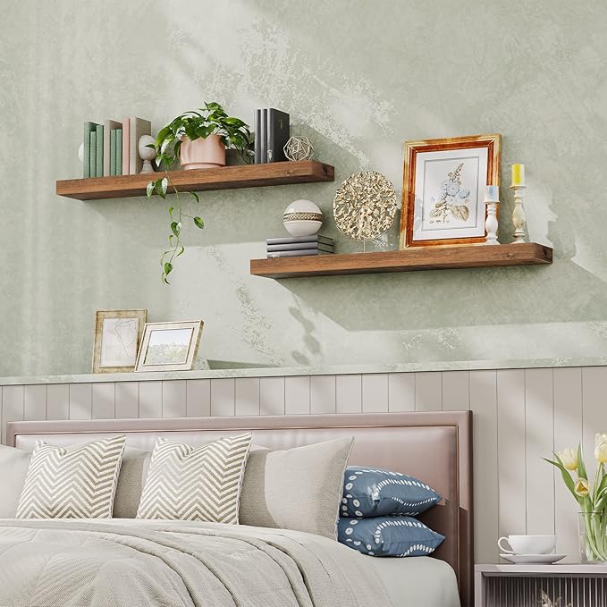 HOOBRO Floating Shelves for Wall, Wall Mounted Shelf Set of 2, 47.2" Hanging Shelf with Invisible Brackets, for Wall Storage in Bathroom Bedroom Kitchen Living Room Office, Rustic Brown BF120BJP201