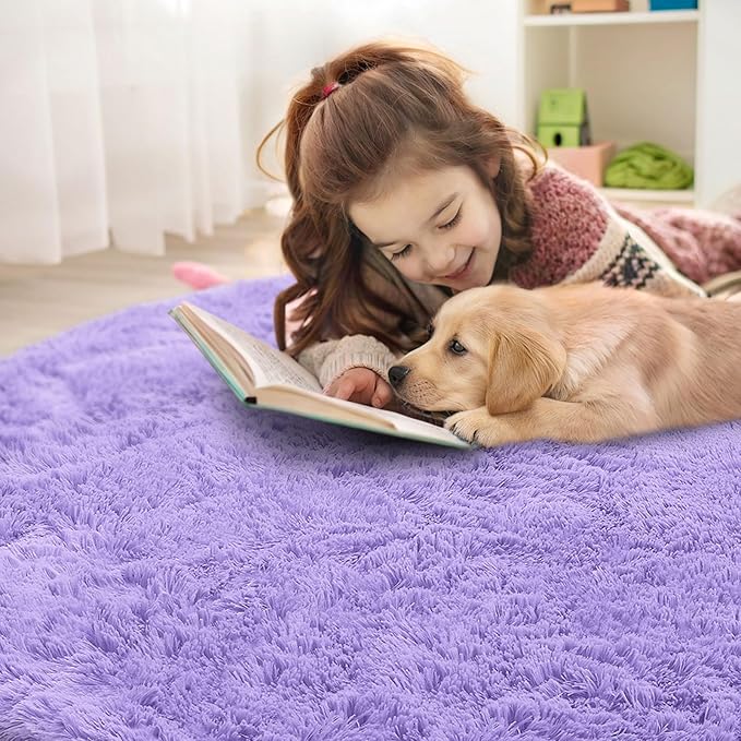 OLANLY Light Purple Round Rugs for Bedroom - Machine Washable, 6 ft Circle Area Rugs for Living Room, Soft and Fluffy Shaggy Carpet for Teen Girls and Boys, Nursery Rooms, Dorms, Home Decor Aesthetic