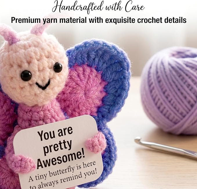SecretCastle Positive Crochet Butterfly AnimalsEmotional Support Crochet Doll Desk Decor Pickle Gifts Emotional Support Plush for Women Girls Men Mom
