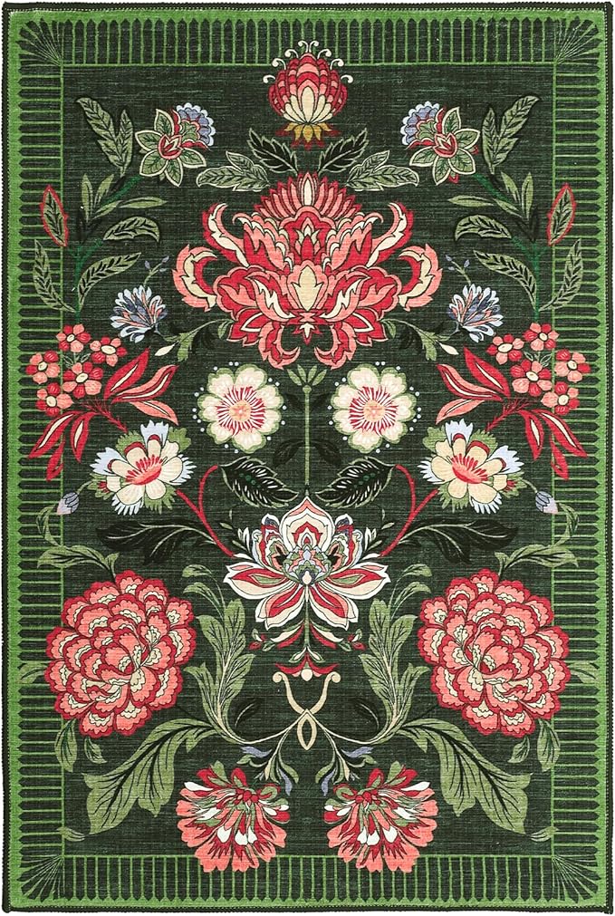GarveeHome Forest Green Floral 2x3 Door Mat Indoor Rugs for Entryway Small Vintage Boho Cottage Washable Non-Slip Low-Pile Rug for Bedroom Kitchen Bathroom Entrance