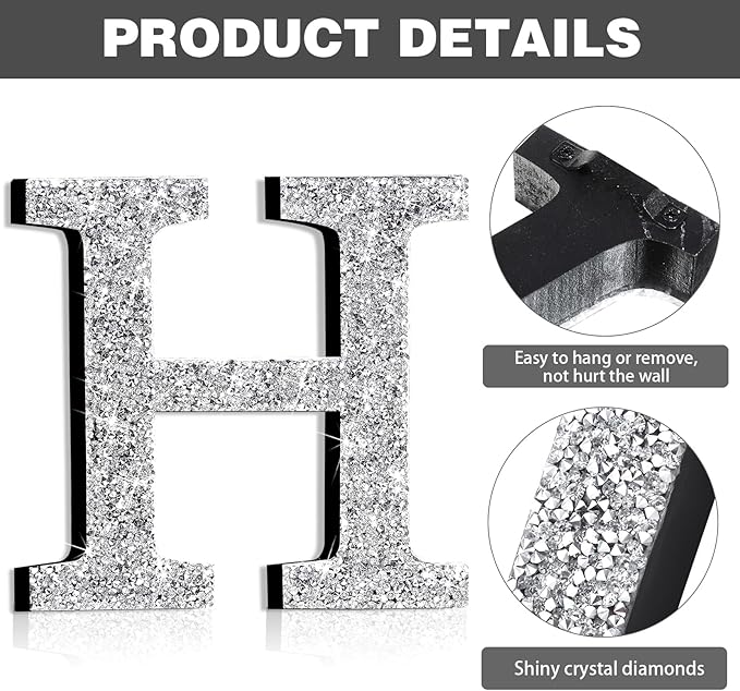 Qunclay 12'' Silver Crystal Diamond Bling Letters Crushed Diamond Decoration Wooden Glitter Letter with Screw and Hooks Rhinestone Gift for Wedding Y2k Mcbling Bedroom Wall Decor (Letter H)